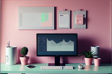 Background image of minimal home office setup with computer screen and planning charts against pastel wall - generative ai