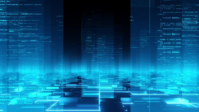 big data code flow in plane glass, camera animation fly through animation, blue flicker code, 4k resolution, technology background concept.