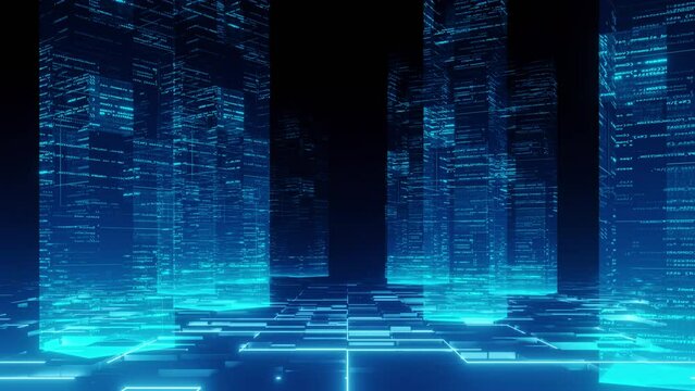 Big data server futuristic flow code in cyber space room, camera fly through animation, blue flicker code, 4k resolution, technology background concept.