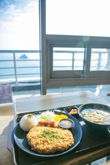 a plate of pork katsu and warm udon noodles for lunch 