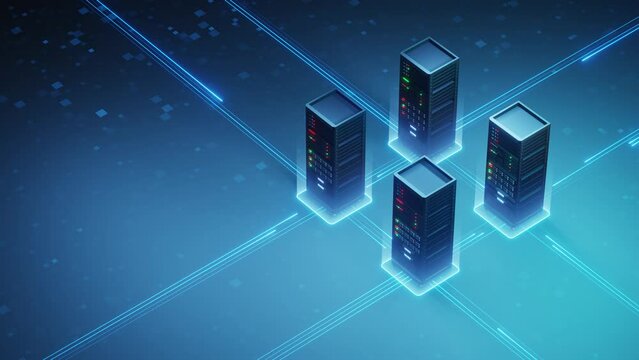 server room futuristic isometric background with copy space, flowing data line connect server, 4k resolution. looped