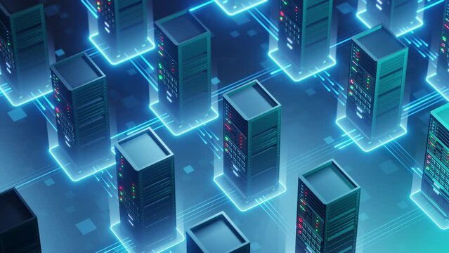 server room futuristic network connection background. blue coloured, camera moving dolly shot, 4k resolution.