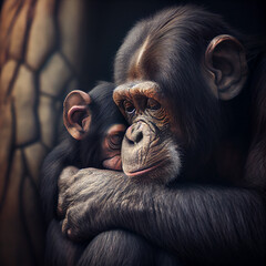 Monkey mother petting her son. generative ai