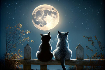 A cute couple of cats sits on a fence against the background of the night sky and the moon. AI generated.
