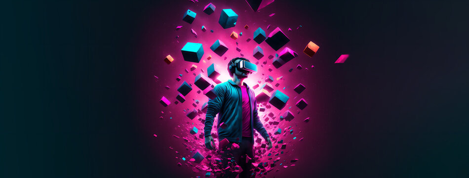 AI Metaverse concept collage design with man wearing VR headset floating though abstract shapes, man with smart glasses futuristic technology Generative AI