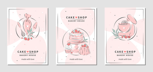 Set of flyers for cake shop, baking, bakery shop, cooking, sweet products, dessert, pastry. Design A4 for poster, banner, menu or advertising. Vector illustration