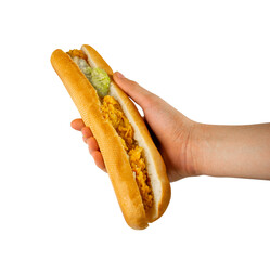 French Baguette Sandwich in Hand Isolated, Long Bread Loaf with Chicken Nuggets, Lettuce, Cucumbers