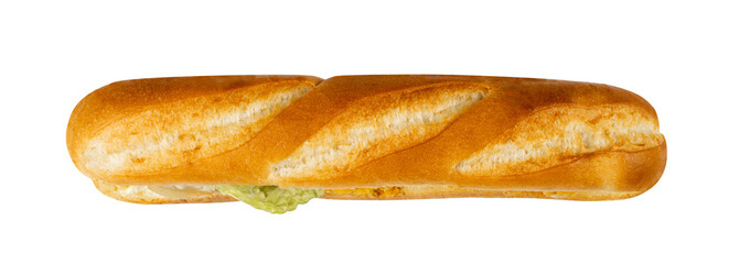 French Baguette Sandwich Isolated, Long Bread Loaf with Chicken Nuggets, Lettuce, Cucumbers on White