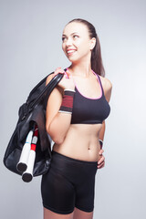 Tennis Concepts. Positive Winsome Professional Caucasian Tennnis Player Posing With Tennis Bag and...