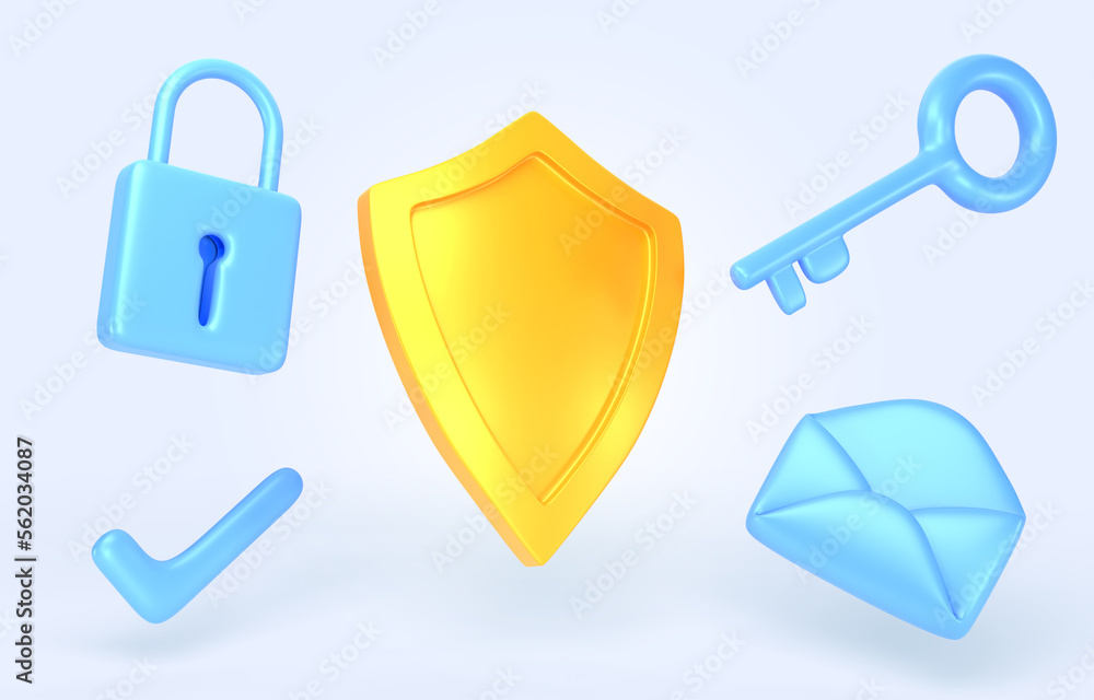 Poster gold shield with mail envelope, padlock, key and checkmark 3d render. concept of email security, pri