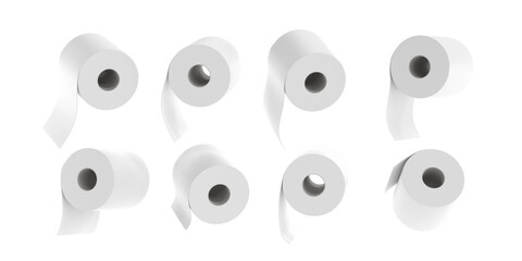 Fototapeta premium Toilet paper rolls in different angle view 3d render. Blank soft cleaner tissue cellulose production isolated on white background. Hygienic accessories, sanitary product mockup set