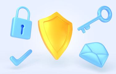 Gold shield with mail envelope, padlock, key and checkmark 3d render. Concept of email security, privacy, good password, secure data protection, computer or phone access safety