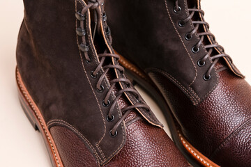 Closeup of Shoelaces of Premium Dark Brown Grain Brogue Derby Boots Made of Calf Leather with...