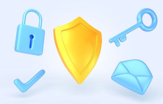 Gold shield with mail envelope, padlock, key and checkmark 3d render. Concept of email security, privacy, good password, secure data protection, computer or phone access safety