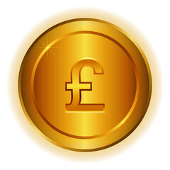 The pound sterling currency symbol. A single gold coin is isolated on a transparent background, with a pound sterling currency symbol in the center for decoration.