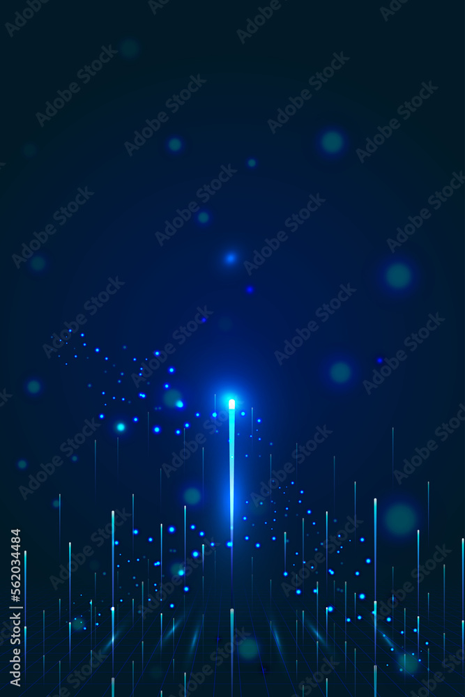 Poster glowing lines emitting upward with a techno background of particle internet