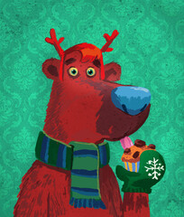 Portrait of a bear with Christmas reindeer antlers and a muffin in hand