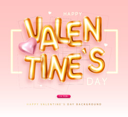 Fototapeta na wymiar Happy Valentines Day poster with 3D letters and gold love hearts. Holiday greeting card. Vector illustration