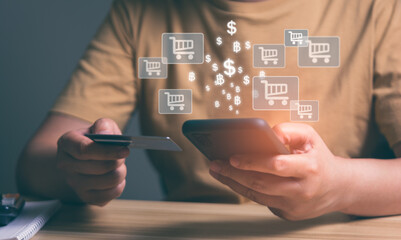 Woman paying through application smartphone mobile with credit card, shopping online, internet banking, Digital money transfer and e-commerce concept