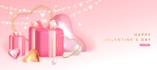 Happy Valentines Day poster with 3D pink and gold love hearts and gift box. Valentine holiday background. Vector illustration