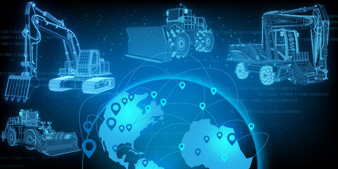 3D rendering illustration excavator and world map location blueprint glowing neon hologram futuristic show technology security for premium product business finance  