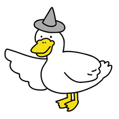 説明をする帽子をかぶったアヒル