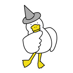 うーん、と考える帽子をかぶったアヒル