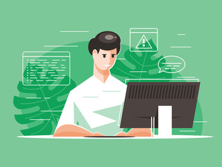 Programmer working on a project. Office worker makes a report on a computer. Business person working on PC. Vector graphics