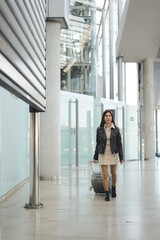 Young female tourist walking with luggage at the airport. Tourist journey trip trip concept.