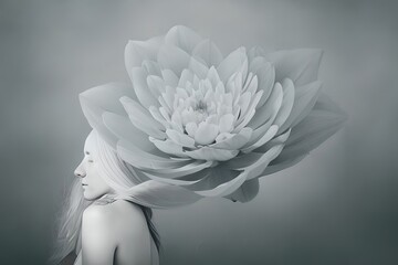 Elegant portrait of a woman face profile wearing a soft focused giant flower on her head on a grey background with copy space, generative ai