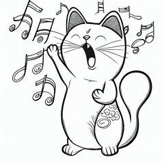 Singing Cat, Coloring Book Page, AI
