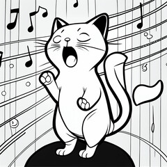 Singing Cat, Coloring Book Page, AI
