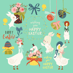 Easter Set with Cute White Bunnies, Gooses and Easter Eggs