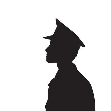 Young Police Man Officer From Side View Vector Icon Silhouette Isolated On Plain White Background. Simple Flat Monochrome Drawing.