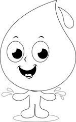 Cute cartoon water drop character. Vector black and white coloring page