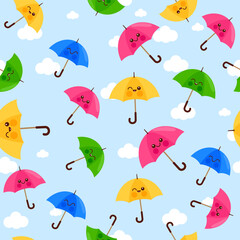 Cute and colorful umbrellas on blue background. Seamless pattern. Vector illustration