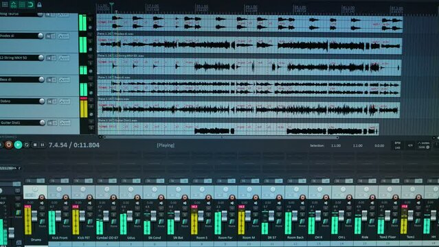 A computer screen showing the user interface of the DAW Digital Audio Workstation software while a piece of music is playing. 