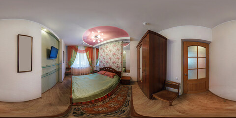 seamless 360 panorama in interior of bedroom of cheap hostel,  flat or apartments with chairs sofa...