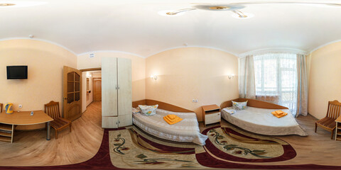 seamless 360 panorama in interior of bedroom of cheap hostel,  flat or apartments with chairs sofa...