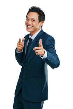 Motivation, happy and portrait of a businessman with finger guns isolated on a white background in studio. Success, corporate and Asian worker with hand gesture for greeting on a studio background