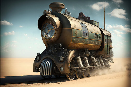 steampunk train in the desert, Generative AI