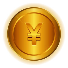 The Japanese yen currency symbol. A single gold coin is isolated on a transparent background, with a Japanese yen currency symbol in the center for decoration.