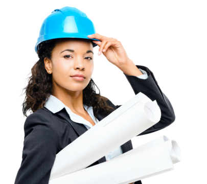 PNG of a young african businesswoman working in construction isolated on a PNG background.