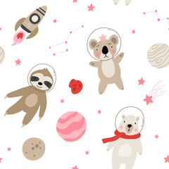 Seamless pattern with cute bear astronauts in space, planets, stars, rocket and constellation. Hand drawn vector illustration. Scandinavian style flat design. polar bear, sloth and koala. © tanyabosyk