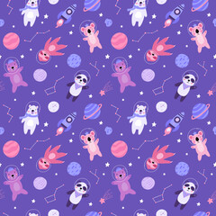 Seamless pattern with cute bear astronauts in space, planets, stars, rocket and constellation. Scandinavian style flat design. Brown, polar and panda bear, sloth and koala.