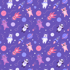 Seamless pattern with cute bear astronauts in space, planets, stars, rocket and constellation. Scandinavian style flat design. Brown, polar and panda bear, sloth and koala.