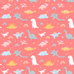 Vector seamless pattern with baby dinosaurs. brontosaurus, tyrannosaurus, pterodactyl, triceratops, stegosaurus, spinosaurus, plesiosaurus, ankylosaurus, velociraptor, parasaurolophus pastel colorss