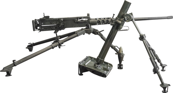 Isolated PNG cutout of a M2 machine gun and  a mortar from World War II on a transparent background, ideal for photobashing, matte-painting, concept art
