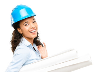 PNG of a young african businesswoman working in construction isolated on a PNG background.