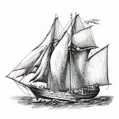 Antique ship. Ship sailing yacht boat antique, vintage, black ink hand drawing. Vector illustration. Generative AI